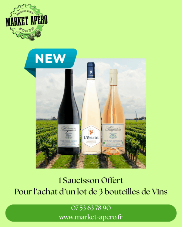 Lot de 3 bouteilles de vins (3x75cl) 1 saucisson offert